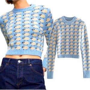 Zara Blue and Cream Crew Neck Sweater with Geometric Sheep Design
